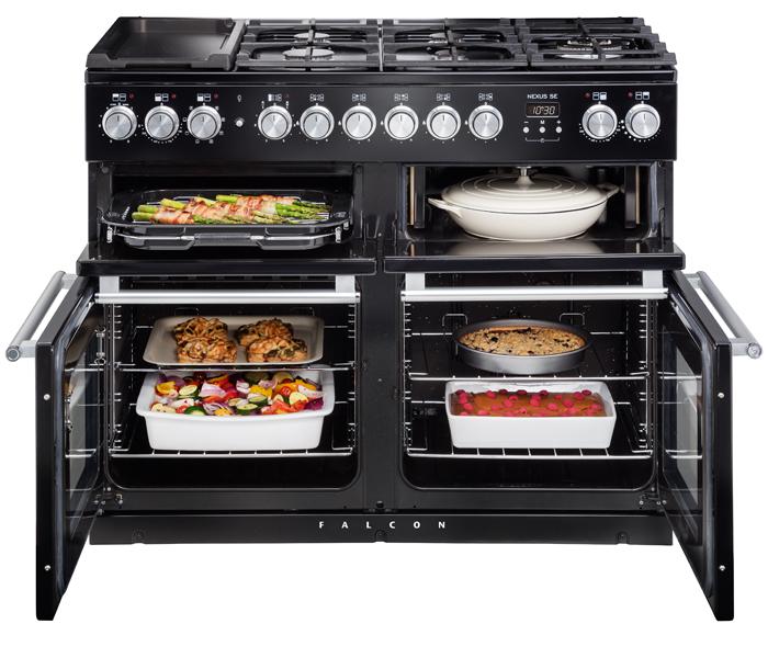 Falcon Nexus SE 110 Dual Fuel in Black with food in ovens